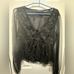 Abercrombie & Fitch Black Embroidered Sheer Lace Blouse